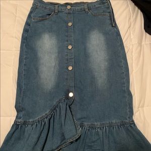 Blue jean button up skirt with one ruffle!